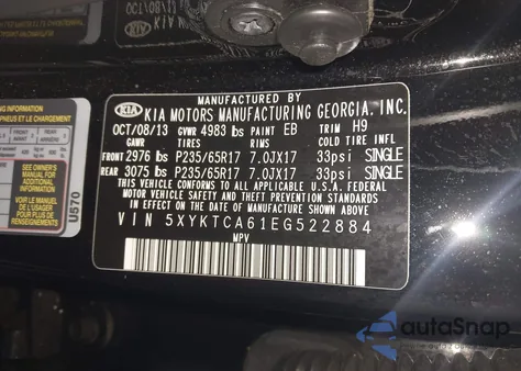 2014 Kia Sorento Lx z USA, uszkodzony, nr VIN 5XYKTCA61EG522884